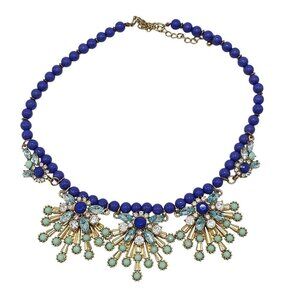 Macys Gold Blue Beaded Statement Necklace With Crystal Mint Green Accents Heavy